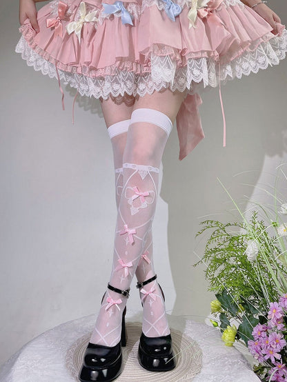 White and Pink Bow Semi-sheer Over Knee Stockings