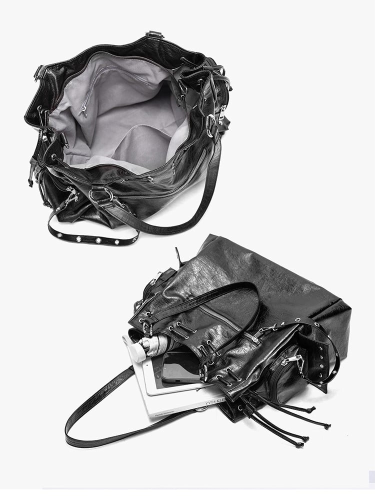 Black Studded Soft Tote Bag With Large Capacity&Adjustable Straps