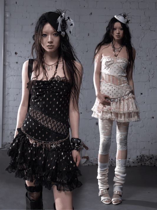 Beige/Black Halter Neck Lace Patches Waist Polka-dot Vintage Strapless Dress