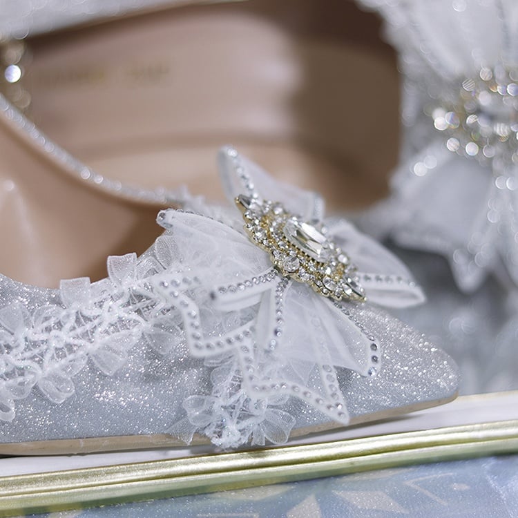 Silver Rhinestone Bowknot Detachable Beaded Chain Glittering 6CM/8CM Hime Lolita Heels