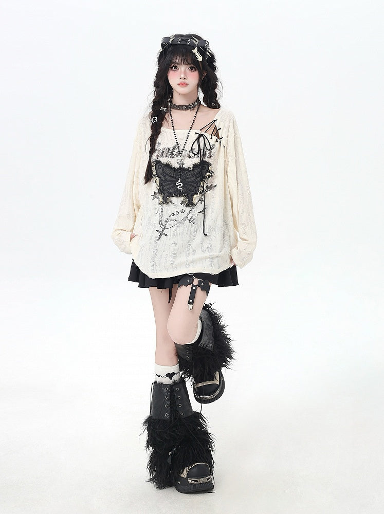 Vintage Butterfly Applique Lace-up Neckline Apricot Distressed Holes Top