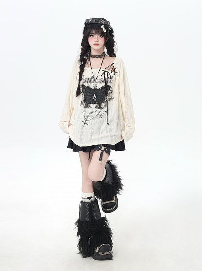 Vintage Butterfly Applique Lace-up Neckline Apricot Distressed Holes Top