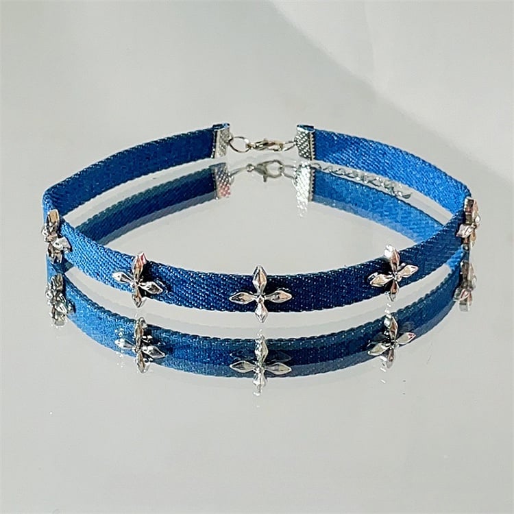 Denim Blue Cross Design Punk Choker