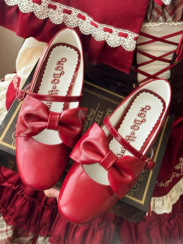 PU Red Elegant Lolita Mary Janes - Mid Heel with Bow Accents & Heart Buckle
