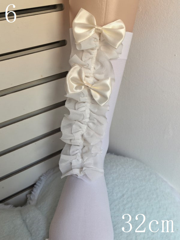 7 Options White/Black Bowknot Details Lace Trim Calf Socks