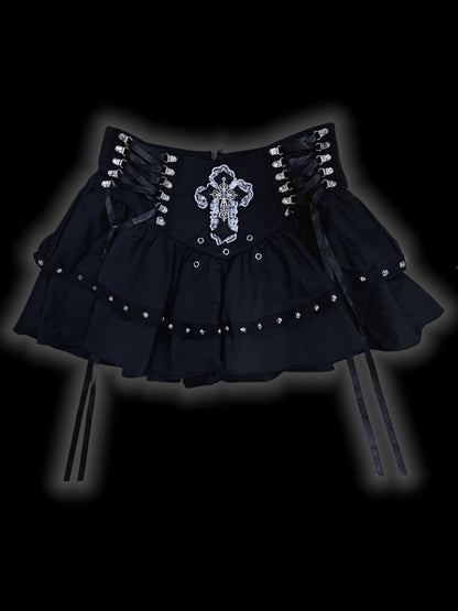 Gothic Punk Black Metal Cross Adorned Studs Design Lace-up Detail Skirt