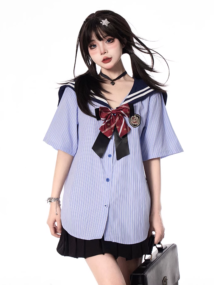 JK Uniform Sailor Collar Blue Striped Short Sleeves Shirt with Free Bowtie