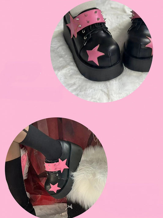 Black & Pink Stud Detail Star Applique Y2K Platforms