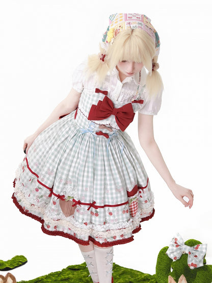 Red Cherry Print Blue Gingham Dress Sweet Lolita Jumper Skirt