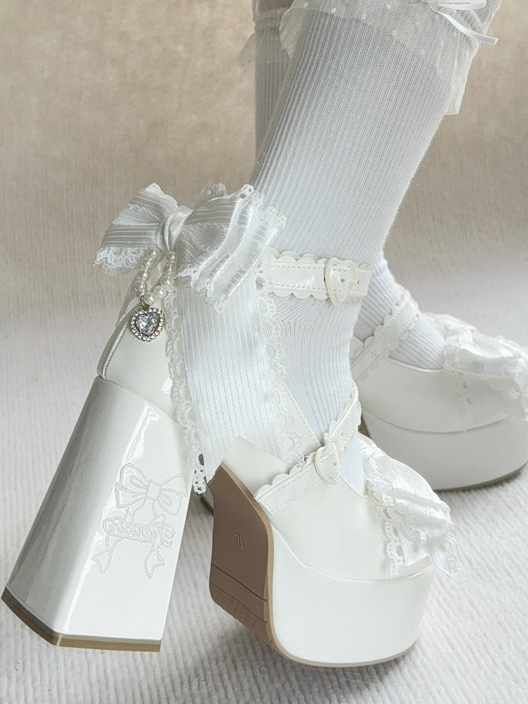 PU White Elegant Lolita Mary Janes - High Block Heel Design, Rhinestone Decor Bow & Striped Straps