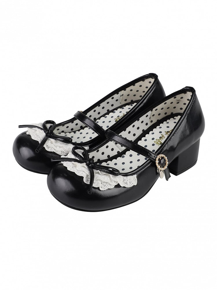Black Knotted Bow Accent Lace Trim 2.2CM/4.3CM Heels Round Toe Mary Janes