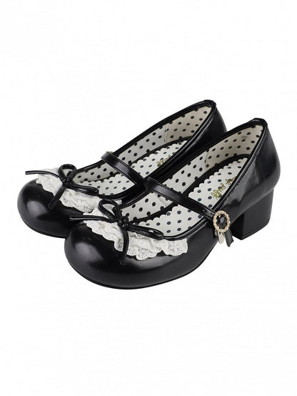 Black Knotted Bow Accent Lace Trim 2.2CM/4.3CM Heels Round Toe Mary Janes