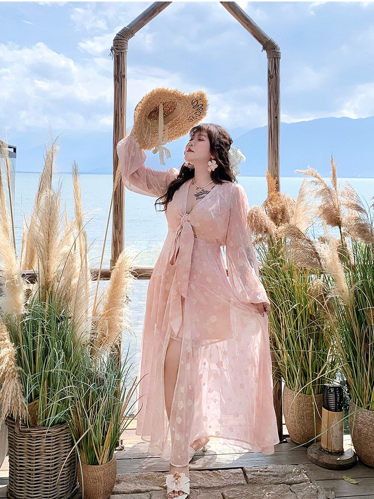 Plus Size Self-tie Bowknot Front Pink Peach Blossom Print Holiday Dress