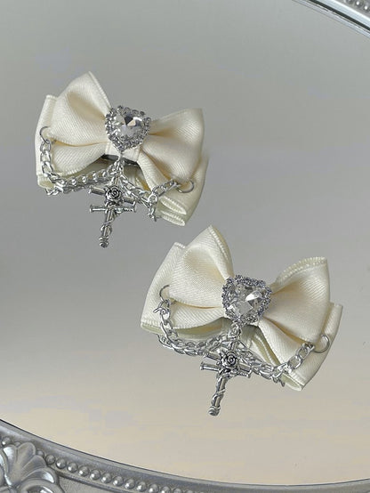 Black/Champagne/Pink Cross Charm Rhinestone Heart Decorated Bowknot Hairclips