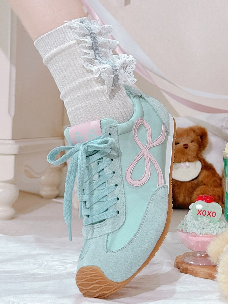 Green Bowknot Design Front Lace-up Ties Sneakers