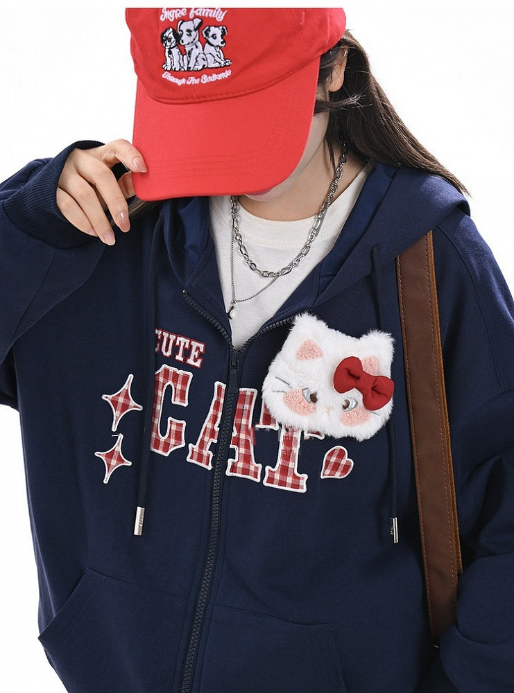 Red Plaid Embroidery Applique Navy Blue Zip-up Hoodie with Detachable Kitty Plushie