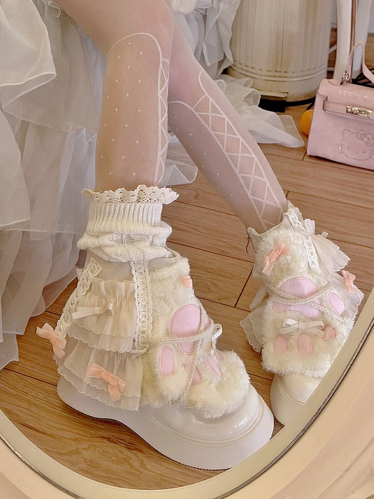 Creamy Yellow Plush Kitty Claw Crisscross Design Platform Ankle Boots