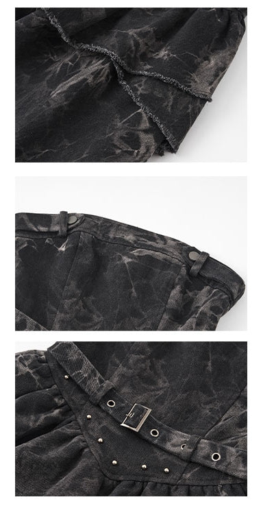 Studs Design Black and Gray Basque Waist Punk Denim Strapless Dress