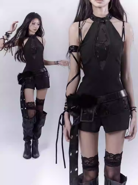 Black Halter Neck Spider Rhinestones Glamorous Jumpsuit with Buckle Belt