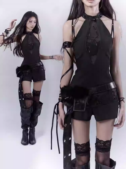 Black Halter Neck Spider Rhinestones Glamorous Jumpsuit with Buckle Belt