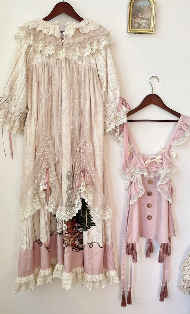 Plus Sizes Available Ruffle Round Neck Drawstring Overlay Sweet Lolita Cotton Dress