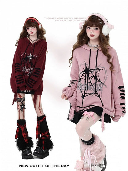 Pink Gothic Spiderweb Distressed Holes Hooded Sweater