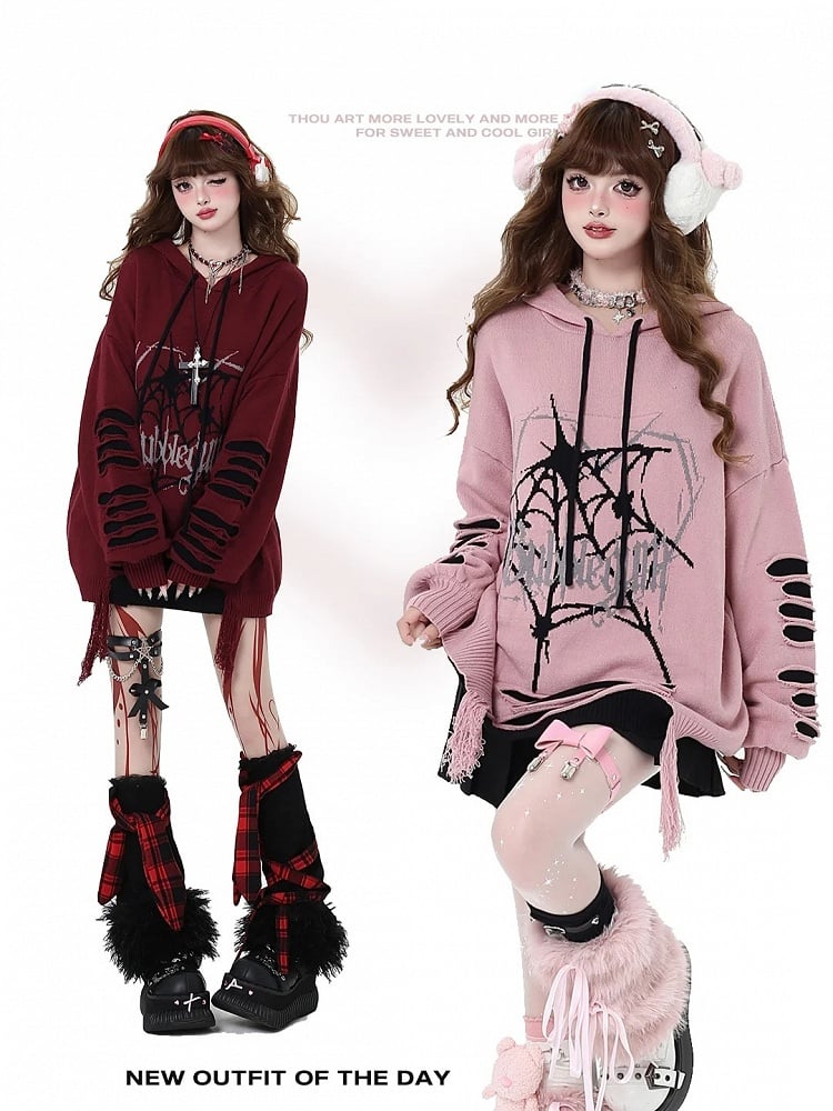 Pink Gothic Spiderweb Distressed Holes Hooded Sweater