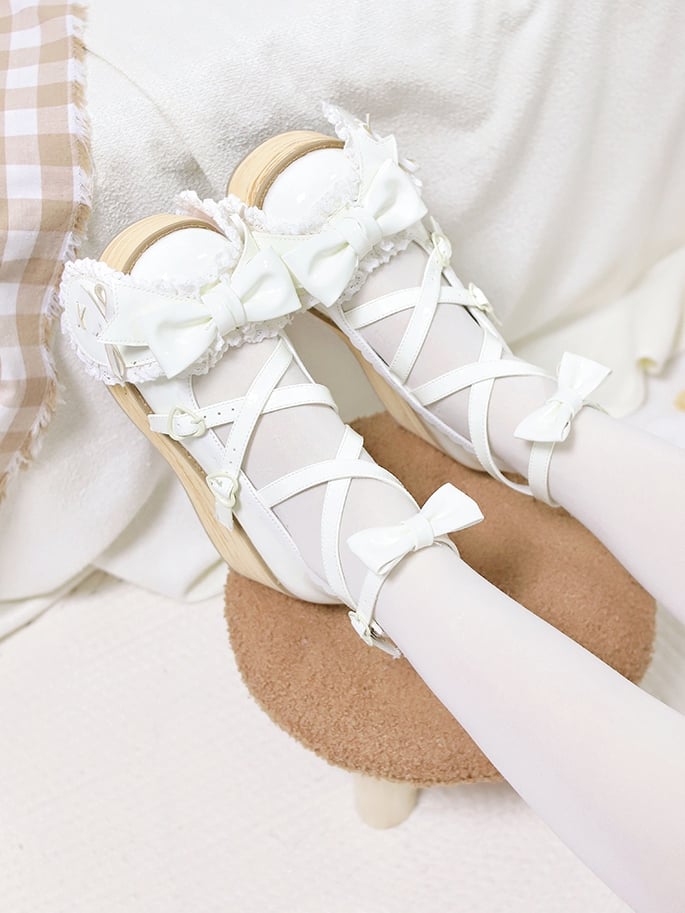 Polished White Bunny Ear Bowknot Old School Sweet Lolita Platforms
