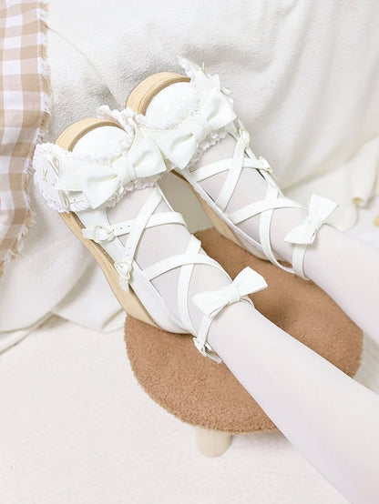 Polished White Bunny Ear Bowknot Old School Sweet Lolita Platforms