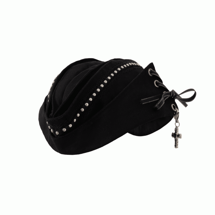 Black/White Navycore Lace-up Detail Cross Charm Punk Studded Sailor Hat