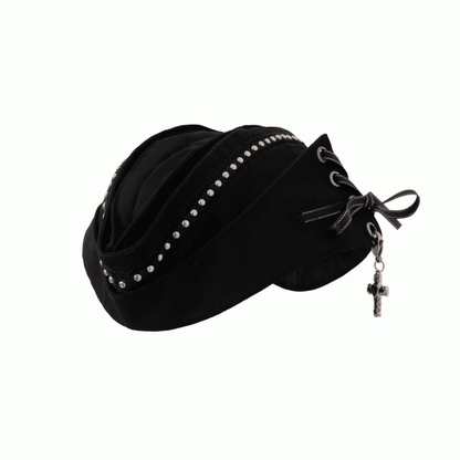 Black/White Navycore Lace-up Detail Cross Charm Punk Studded Sailor Hat