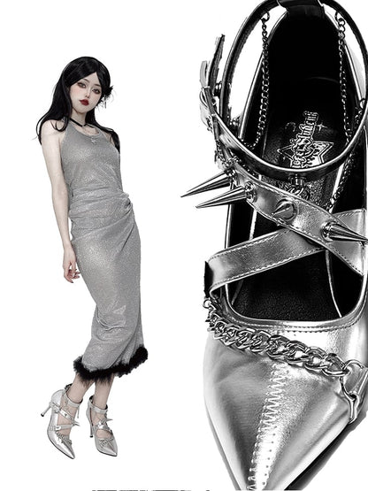 Spike Studs Coffin-shaped Buckles Silver Gothic Punk Stiletto Heels with Chains