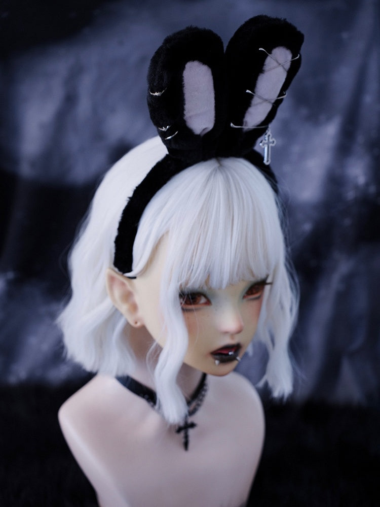 Pins Cross Details Gothic Black Plush Bunny Ears KC