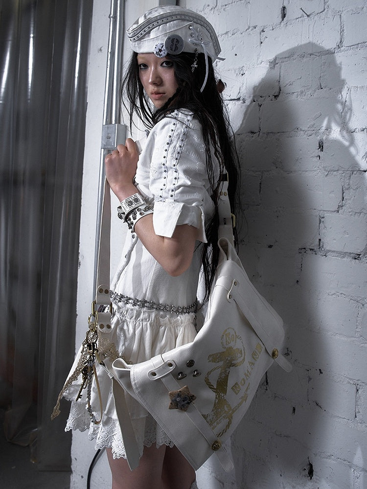 Gold Ship Anchor Print Punk Distressed Design Black/White PVC Crossbody Bag