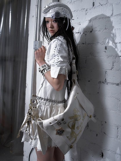 Gold Ship Anchor Print Punk Distressed Design Black/White PVC Crossbody Bag