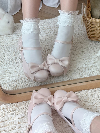 High-heel Sakura Pink PU Leather Shoes - Rhinestone Heart Closure & Delicate Bow Design