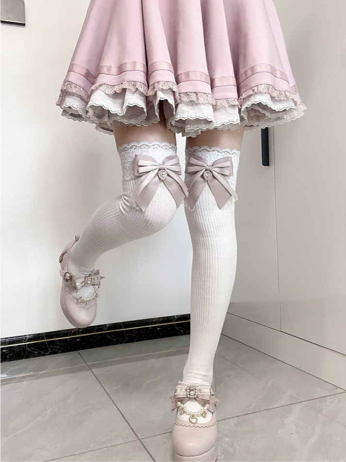 Dusty Pink Bow Detail Front Heart Rhinestone Jirai Kei Over Knee Stockings
