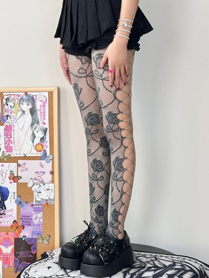 Black&Gray/Purple&Green Y2K Floral Pattern Cut-out Design Tights
