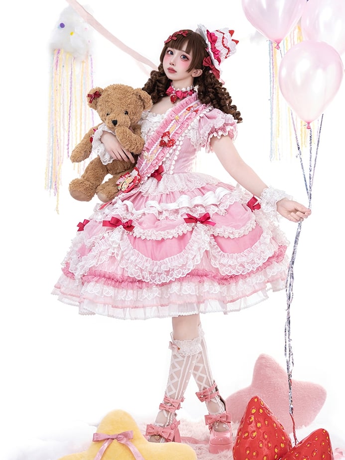 Clearance-Size XXL for Bust 100CM Pink Strawberry Cake Short Puff Sleeves Sweet Lolita Birthday Dress