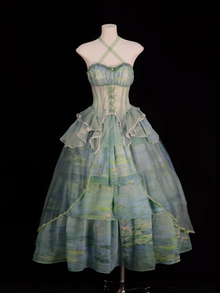 Sky Blue/Light Pink/Purple/Green Oil Painting Print Organza Tiered Skirt