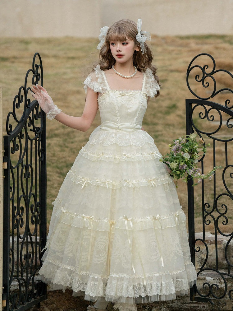 Creamy White Beads Neckline Ribbon Bow Accents Princess Lolita Dress