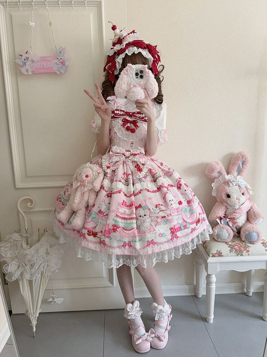 Cherry and Cakes Print Pink Sweet Lolita Dress