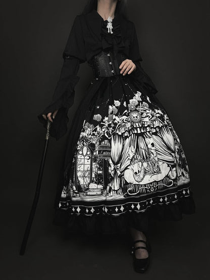 Plus Sizes Available Dark Gothic Lolita Full Set - Black Long Sleeves Shirt + Skirt + Corset Belt