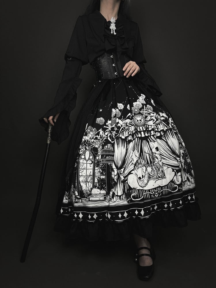 Plus Sizes Available Dark Gothic Lolita Full Set - Black Long Sleeves Shirt + Skirt + Corset Belt