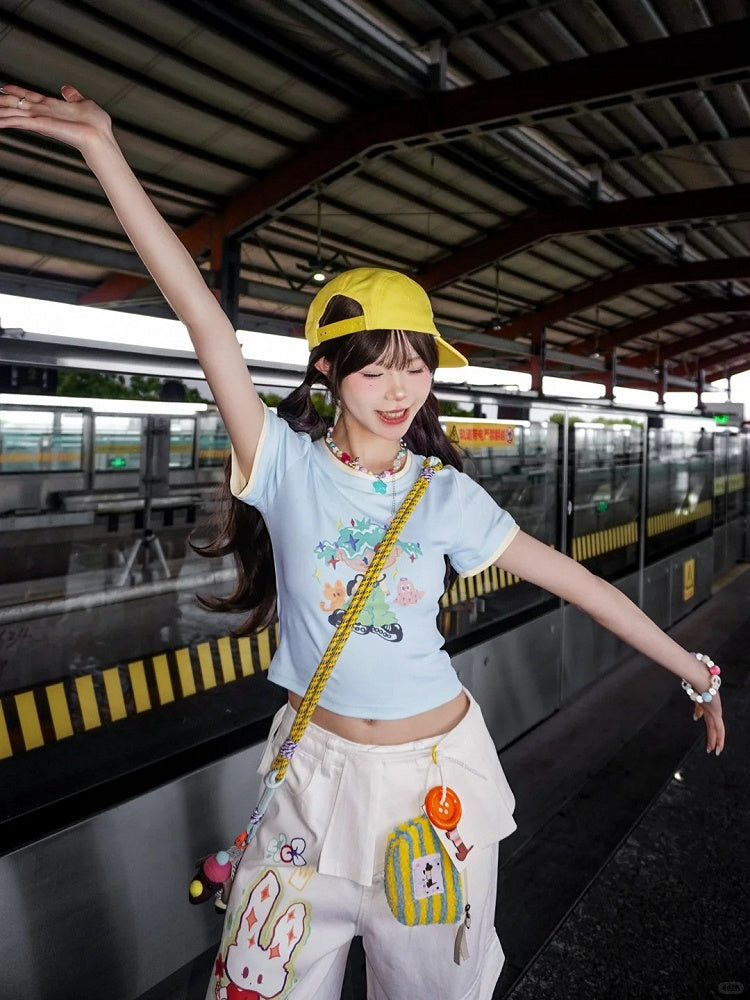 Cartoon Girl Print Blue Round Neck Cropped T-shirt with Free Necklace