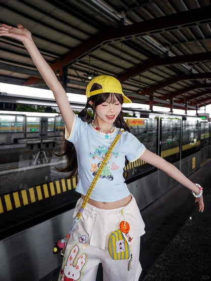 Cartoon Girl Print Blue Round Neck Cropped T-shirt with Free Necklace