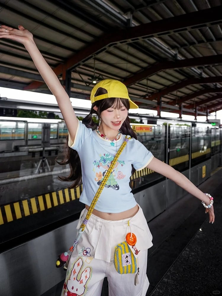 Cartoon Bunny Print White Low Waist Wide-leg Jeans