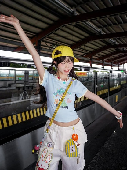 Cartoon Bunny Print White Low Waist Wide-leg Jeans