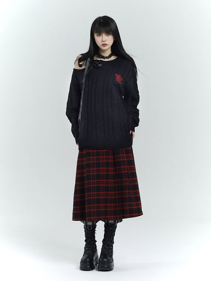 Black & Red Plaid  Double Buckles Midi Length Skirt