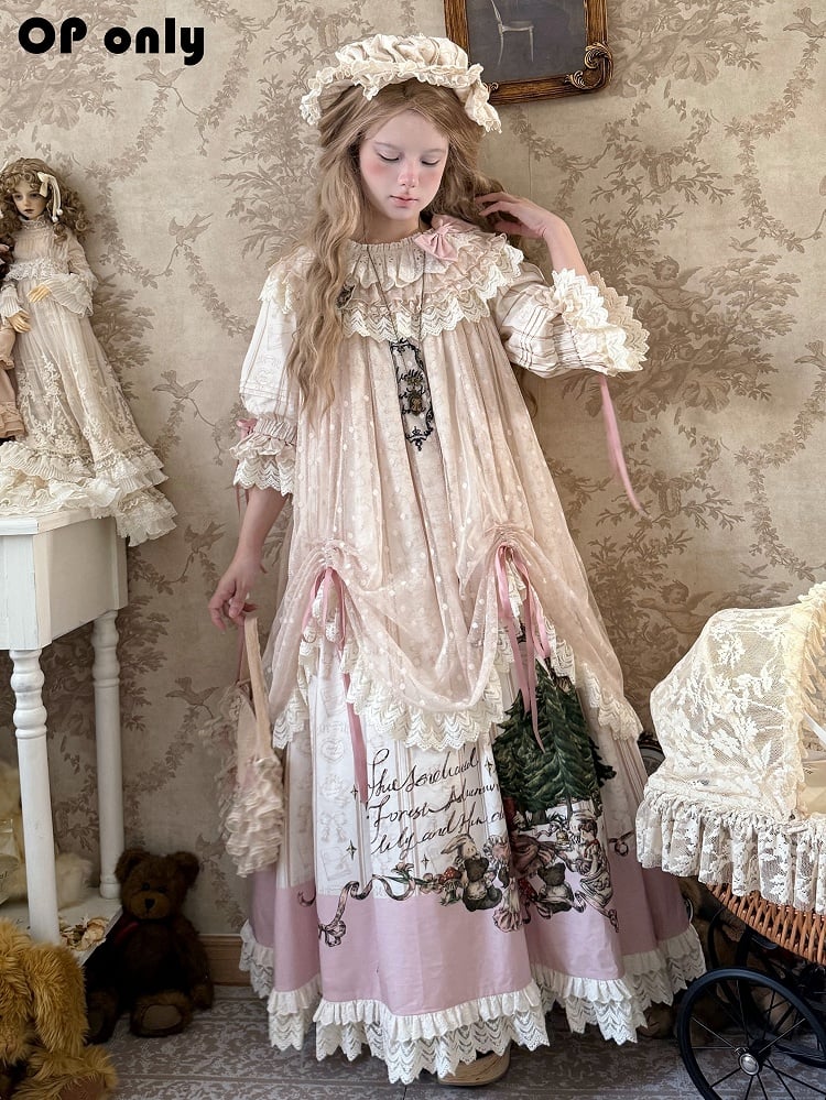 Plus Sizes Available Ruffle Round Neck Drawstring Overlay Sweet Lolita Cotton Dress